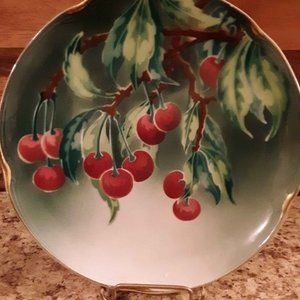 Antique Majolica Cherry Plate with Gold Trim